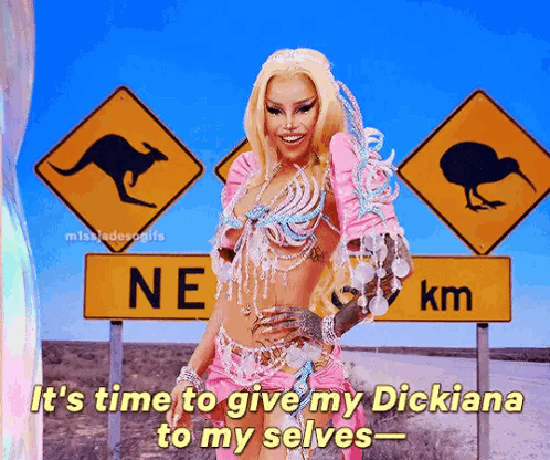 a woman in a pink outfit stands in front of a sign that says ne km