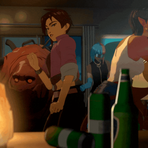 A Woman In A Pink Shirt Is Standing Next To A Bottle Of Beer GIF
