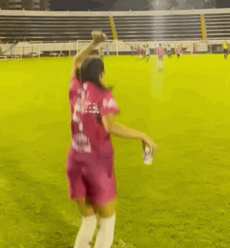 A Woman In A Pink Shirt Is Standing On A Soccer Field With Another Woman . GIF