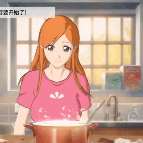a woman in a pink shirt is stirring a pot