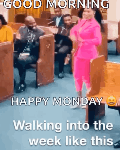 a woman in a pink suit is walking into a church with a caption that says good morning happy monday walking into the week