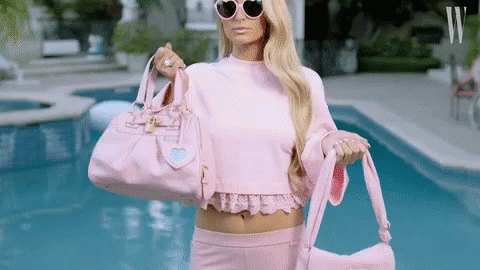 A Woman In A Pink Sweater And Sunglasses Is Holding A Pink Bag And A Pink Duffel Bag . GIF