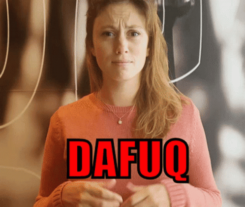 A Woman In A Pink Sweater Has The Word Dafuq Written In Red GIF