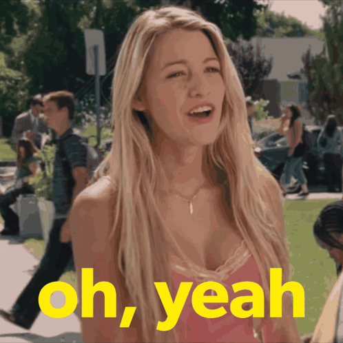 A Woman In A Pink Top With The Words Oh Yeah Behind Her GIF