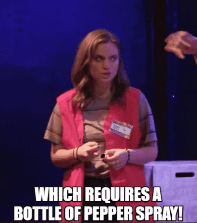 A Woman In A Pink Vest Says " Which Requires A Bottle Of Pepper Spray ! " GIF