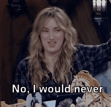 A Woman In A Plaid Shirt Says " No I Would Never " While Sitting At A Table GIF