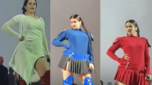 A Woman In A Pleated Skirt Is Standing In Three Different Outfits GIF