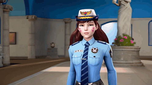 A Woman In A Police Uniform Has A Badge On Her Chest That Says ' A ' GIF