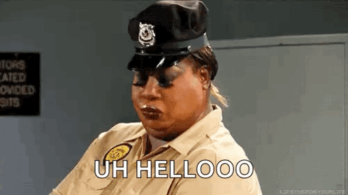 A Woman In A Police Uniform Is Wearing Sunglasses And A Hat And Says `` Uh Hellooo '' . GIF