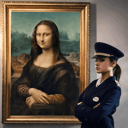 A Woman In A Police Uniform Stands In Front Of A Framed Painting Of A Woman GIF