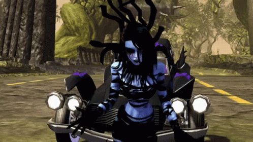 A Woman In A Purple And Black Outfit Is Standing In Front Of A Car GIF
