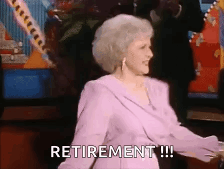 A Woman In A Purple Dress Is Dancing And Saying `` Retirement !!! '' . GIF