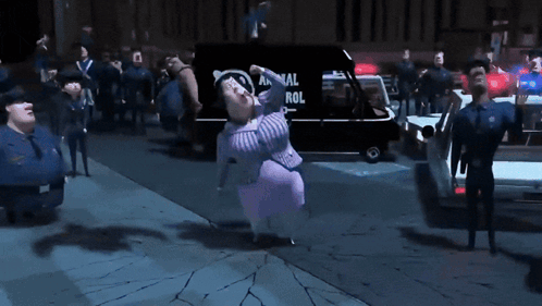 A Woman In A Purple Dress Is Dancing In Front Of A Police Van That Says Animal Control GIF