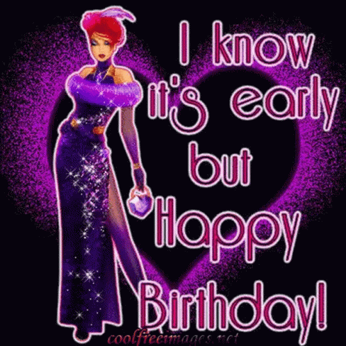 A Woman In A Purple Dress Is Holding A Heart And Says `` I Know It 'S Early But Happy Birthday '' GIF