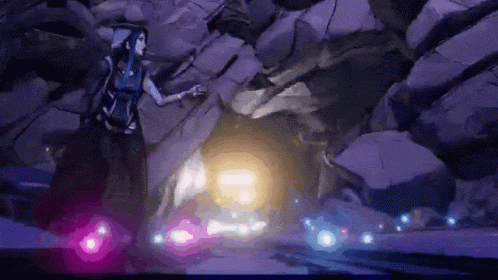 A Woman In A Purple Dress Is Standing In A Cave Surrounded By Rocks And Purple Lights . GIF