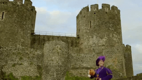 A Woman In A Purple Dress Is Standing In Front Of A Castle GIF