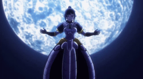 A Woman In A Purple Dress Is Standing In Front Of A Full Moon GIF