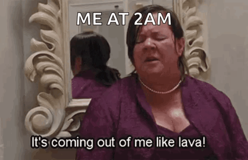 A Woman In A Purple Dress Is Standing In Front Of A Mirror And Says Me At 2 Am GIF