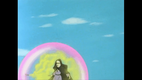 Woman In Purple Dress Surrounded By Pink Yellow Bubbles GIF