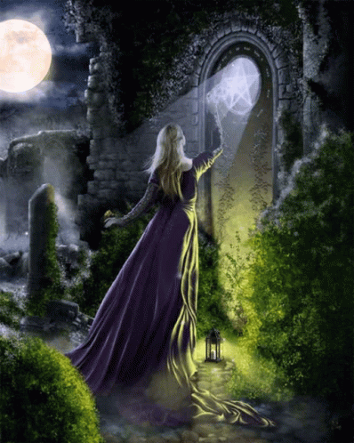 A Woman In A Purple Dress Stands In Front Of A Doorway With A Pentagram On It GIF