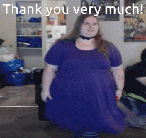 A Woman In A Purple Dress Stands In Front Of A Sign That Says " Thank You Very Much " GIF