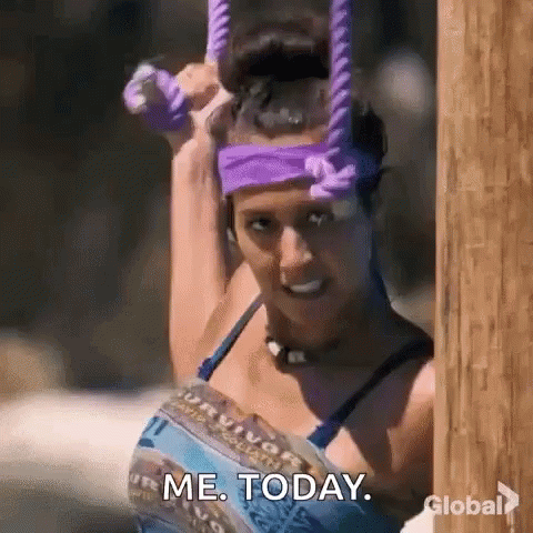 A Woman In A Purple Headband Is Hanging From A Rope And Says `` Me Today '' . GIF