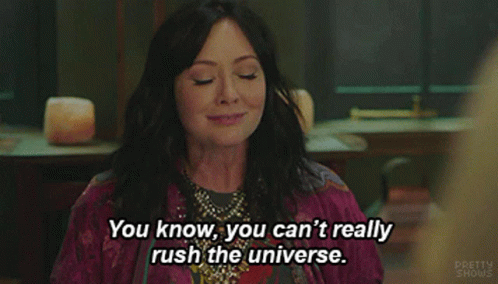 A Woman In A Purple Jacket Is Saying You Know , You Can 'T Really Rush The Universe . GIF