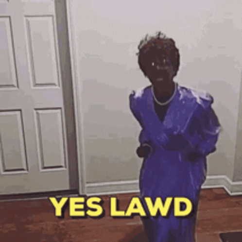 A Woman In A Purple Robe Is Standing In Front Of A Door With The Words Yes Lawd Written On It . GIF