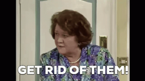 A Woman In A Purple Shirt Is Standing In Front Of A Door And Says `` Get Rid Of Them ! '' GIF