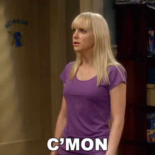 A Woman In A Purple Shirt Is Standing In Front Of A Door That Says C'mon GIF
