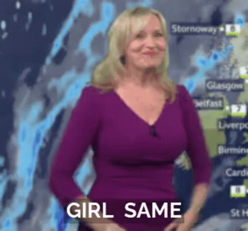 A Woman In A Purple Shirt Is Standing In Front Of A Map With The Words Girl Same On It GIF