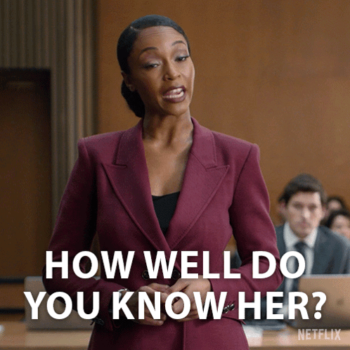 A Woman In A Purple Suit Stands In Front Of A Group Of People And Says " How Well Do You Know Her " GIF