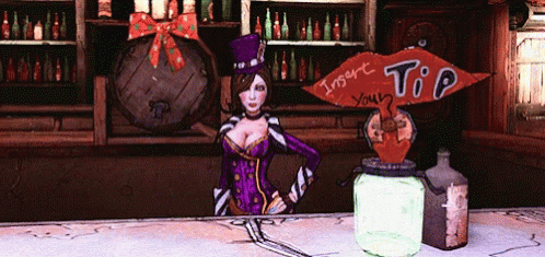 A Woman In A Purple Top Hat Stands In Front Of A Sign That Says " Insert Tip " GIF