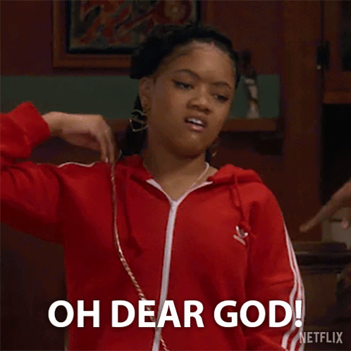 A Woman In A Red Adidas Jacket Is Making A Funny Face And Saying `` Oh Dear God '' . GIF