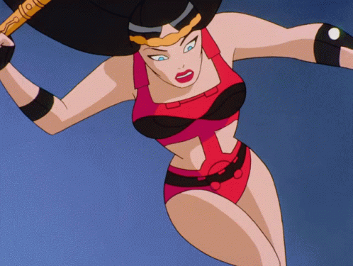 A Woman In A Red And Black Bikini Is Holding A Sword GIF