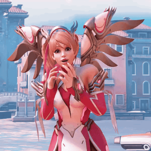 A Woman In A Red And White Costume With Wings Is Standing In Front Of A Pink Building GIF