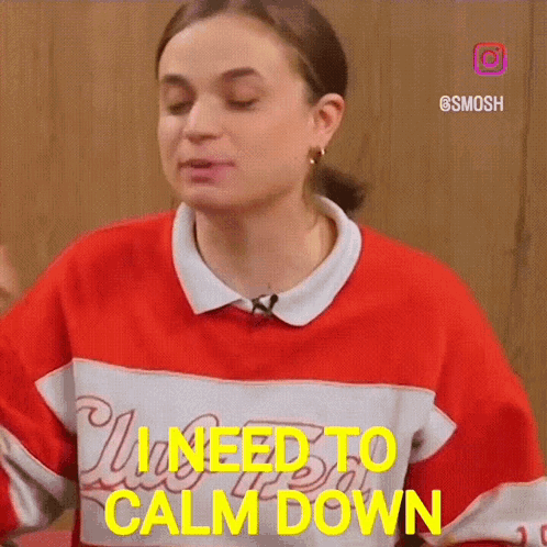 a woman in a red and white shirt says she needs to calm down .