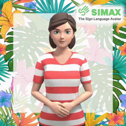 A Woman In A Red And White Striped Shirt Stands In Front Of A Sign Language Avatar For Simax GIF