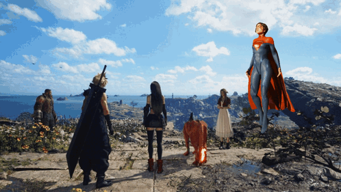 A Woman In A Red Cape Stands In Front Of A Group Of Characters GIF
