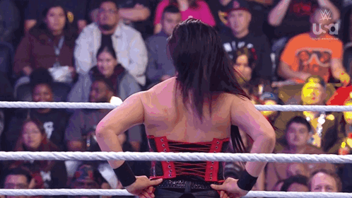 A Woman In A Red Corset Is Standing In A Wrestling Ring With Her Back To The Camera . GIF