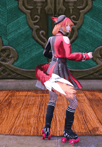 A Woman In A Red Dress And Black Boots Is Rollerblading GIF
