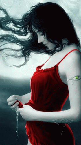 A Woman In A Red Dress Has A Green Eye On Her Sleeve GIF