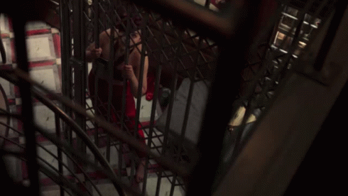 A Woman In A Red Dress Is Behind Bars In A Dark Room GIF