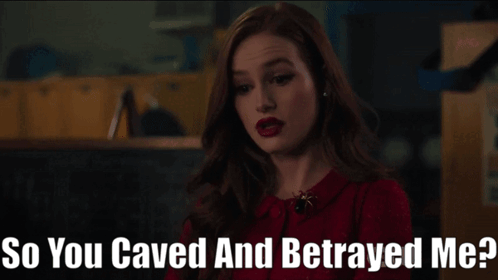 Woman In Red Dress Asked If She Caved And Betrayed Me GIF