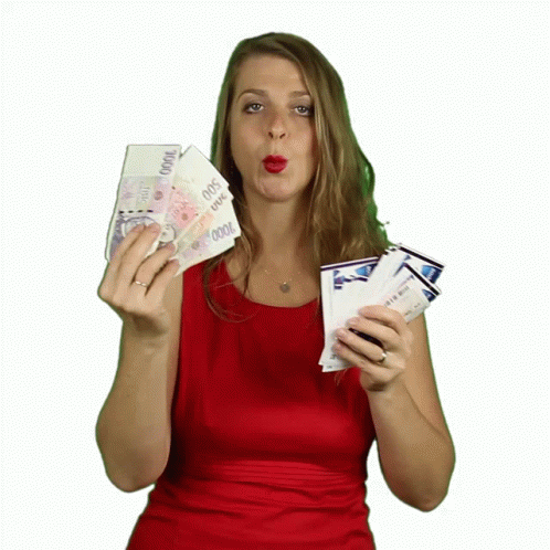 A Woman In A Red Dress Is Holding A Bunch Of Money In Her Hands Including A 1000 Bill GIF