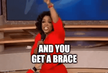 A Woman In A Red Dress Is Holding A Microphone And Says `` And You Get A Brace '' GIF