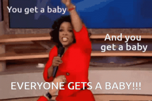 A Woman In A Red Dress Is Holding A Microphone And Says " You Get A Baby And You Get A Baby " GIF