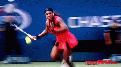 A Woman In A Red Dress Is Holding A Tennis Racquet In Front Of A Chase Ad GIF