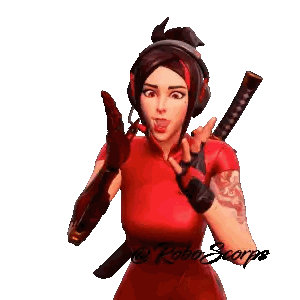 a woman in a red dress is holding two swords and wearing headphones and gloves
