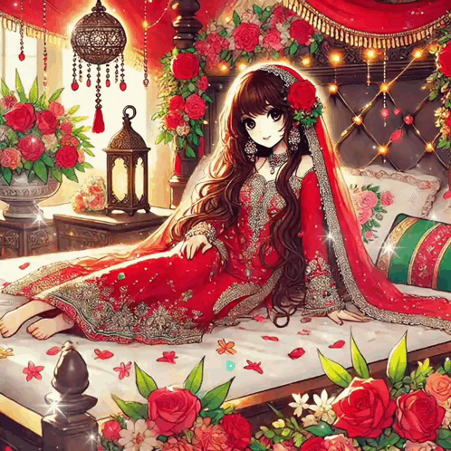 A Woman In A Red Dress Is Laying On A Bed Surrounded By Flowers GIF